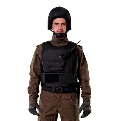 Black classic bullet-proof vest Fagor on a man full-face view from the knees