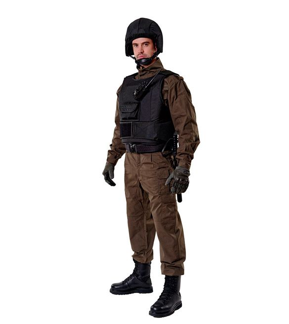 Black bullet-proof vest Fagor dressed on a man in a helmet full-face view 2/3 in full growth