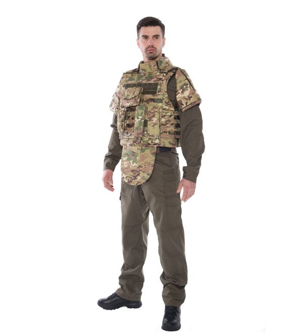 Camouflage body armor Laurus dressed on a man in full growth, full-face view 2/3