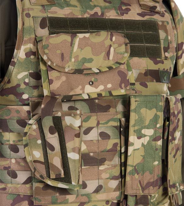 Chest area in camouflage body armor Laurel with pouches and pockets.