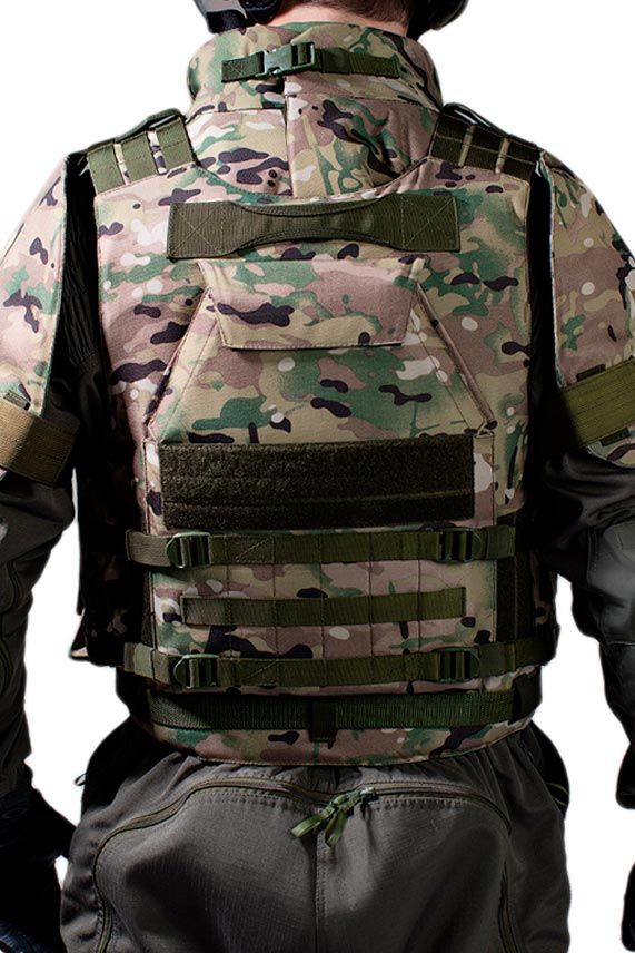 Camouflage body armor on a soldier rear view