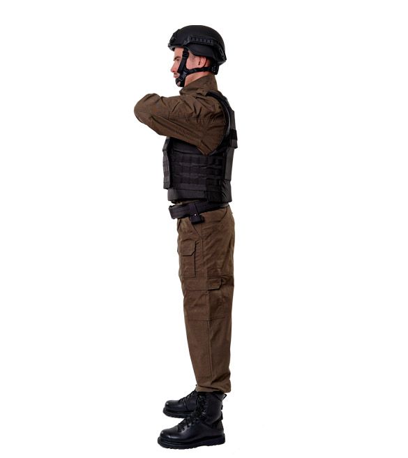 Black bullet-proof vest Segment dressed on a man in a helmet full-length foreshortening profile