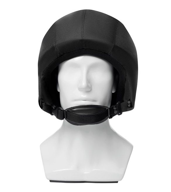 Black Avaks helmet worn and buttoned on a mannequin full-face view