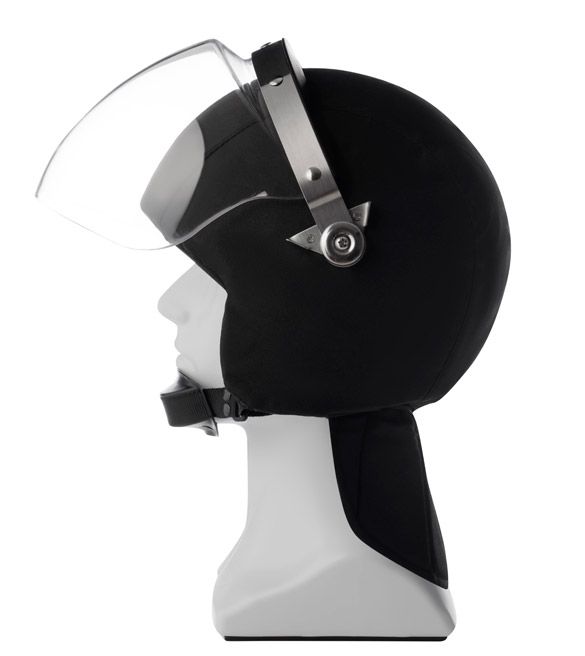 Black Avaks helmet with raised visor and aventail foreshortening profile