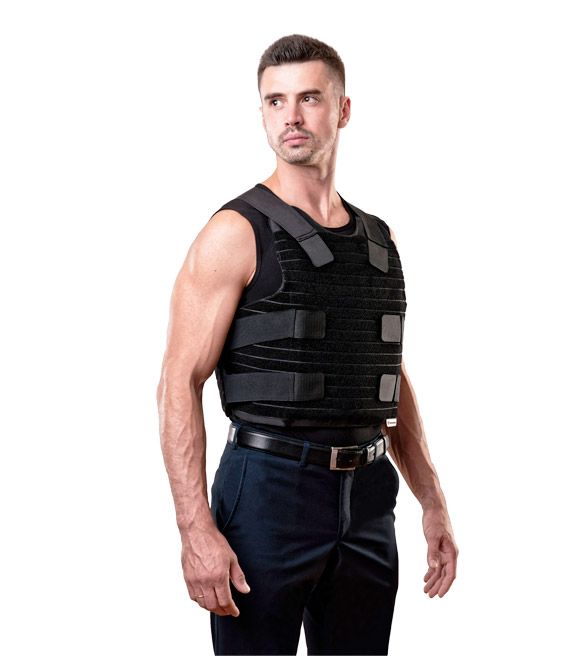 Black bullet-proof vest on a man full-face view 2/3 from the knees